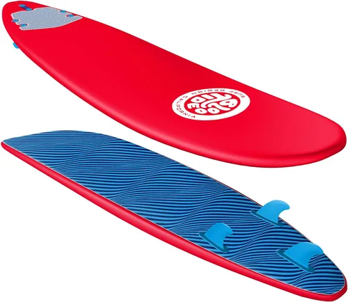 Vista 10 de Bloo Tide Tabla de surf de 8 pies con parte superior suave roja con diseño de Wavizm azul gráfico inferior