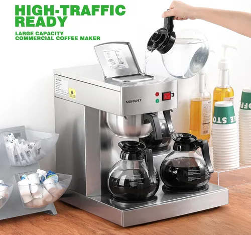 Vista 5 de NUPANT Cafetera comercial de 12 tazas, cafetera de goteo con 3 calentadores de placa y 3 decantadores de vidrio, cafetera comercial de acero