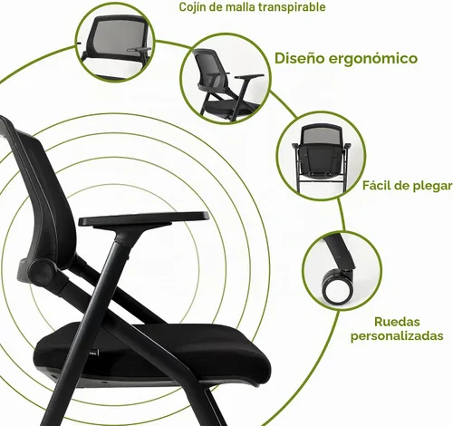 Vista 4 de Paquete de 2 sillas plegables de oficina para sala de conferencias con ruedas, apilables, color negro, silla de computadora con brazos deslizantes