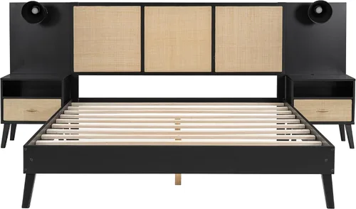 Vista 7 de Harper & Bright Designs Cama de plataforma tamaño Queen con 2 mesitas de noche y 2 lámparas, cama Queen de madera con cabecero, combinación de ratán