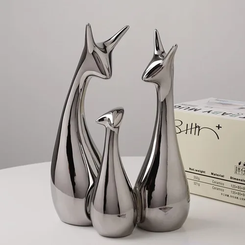 Vista 4 de Estatua de cerámica moderna de plata brillante, decoración del hogar, jirafa, decoración para sala de estar, estante, estantería moderna, figuritas