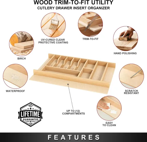 Vista 3 de Clikuutory Organizador de cajones de utensilios de madera de abedul natural con 12 compartimentos, bandeja divisora de cubiertos resistente que