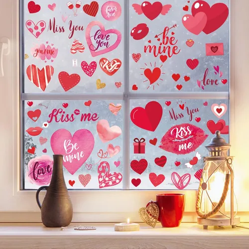 Vista 5 de 9 hojas de calcomanías para ventana del día de San Valentín, calcomanías de doble cara para ventana, diseño de labios rojos con corazón rosa