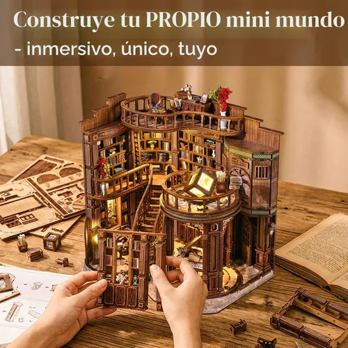 Vista 7 de Kit de rincón de libros, rompecabezas de madera 3D en miniatura, sujetalibros con luz LED, decoración de estantería de flor de cerezo para libros