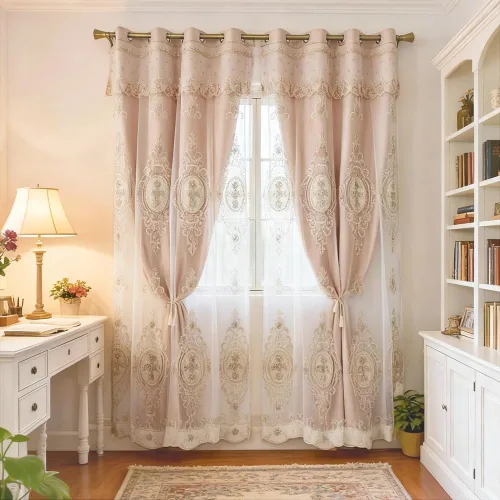 Vista 14 de Amidoudou 1 par de cortinas europeas de doble capa con cenefas para sala de estar, dormitorio, cortinas bordadas con flores 3D de lujo