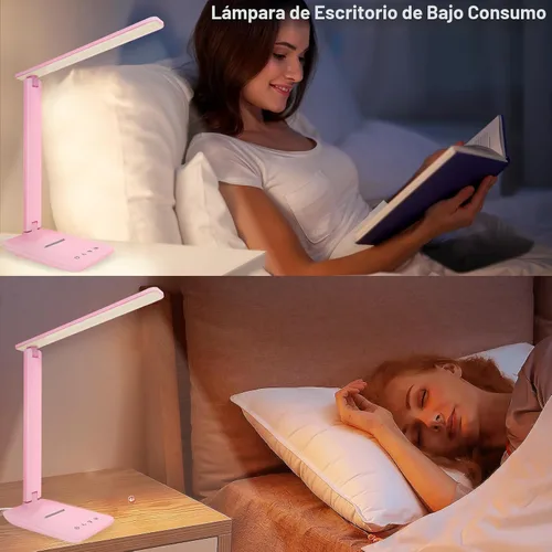 Vista 4 de Lámpara de escritorio LED White Crown, lámpara de mesa regulable, lámpara de lectura con puerto de carga USB, 5 modos de iluminación, control Rosa