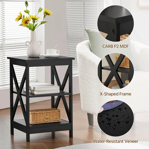 Vista 7 de Yaheetech Juego de mesa de madera de 3 piezas para sala de estar, incluye mesa auxiliar X-Design y dos mesas auxiliares de 3 niveles, muebles Negro