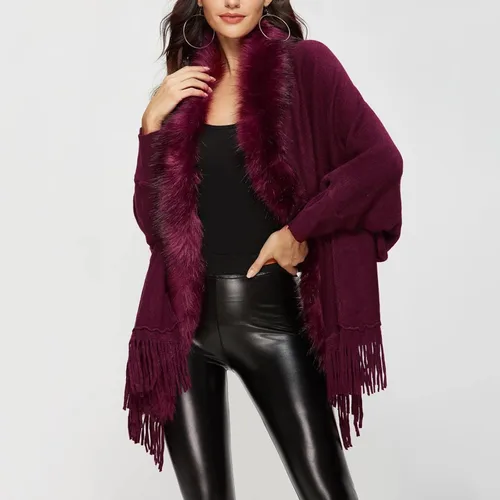 Vista 3 de Cárdigan de punto sólido para mujer para otoño e invierno, con borlas al frente abierto, chal, capa, capa, cárdigans