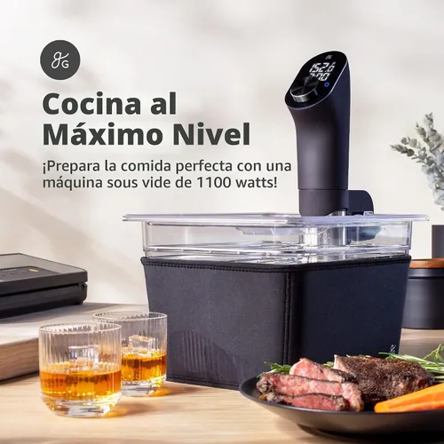 Vista 3 de Greater Goods Sous Vide Kit con contenedor, estante, tapa y manga, 1100 W
