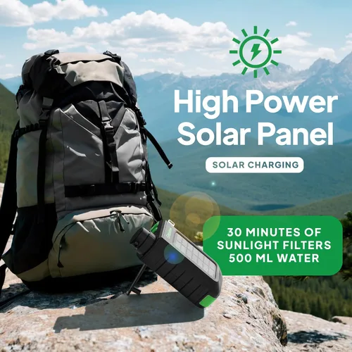 Vista 6 de Greeshow Filtro de Agua Eléctrico Portátil para Acampar - Alimentado por Energía Solar, Manivela Manual, Carga USB, Purificador de Agua