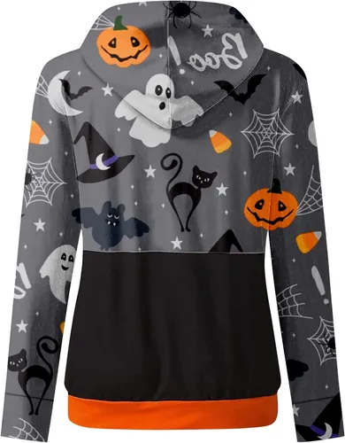 Vista 5 de UODSVP Disfraz de Halloween para mujer casual estampado de moda manga larga cuello redondo sudadera con capucha