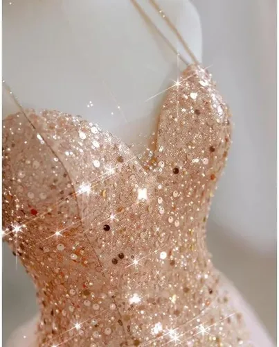 Vista 4 de Changuan Vestidos de fiesta de sirena con lentejuelas para mujer, largos con abertura, tirantes delgados, vestido formal con cola de tul
