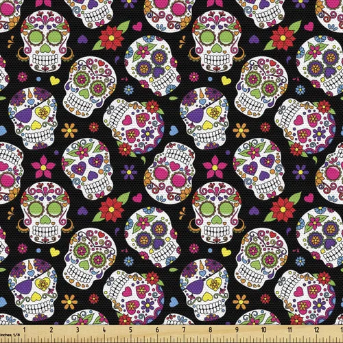 Vista 72 de Ambesonne The Yard, tela de calavera colorida con temática de Halloween, diseño de calavera y huesos cruzados, divertido estampado de dibujos