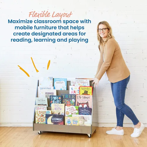 Vista 6 de ECR4Kids Mobile Double-Sided 10-Shelf Wooden Book Display, Grey Wash Durable birch, GREENGUARD Gold Certified, 40lb capacity, 10 shelves for