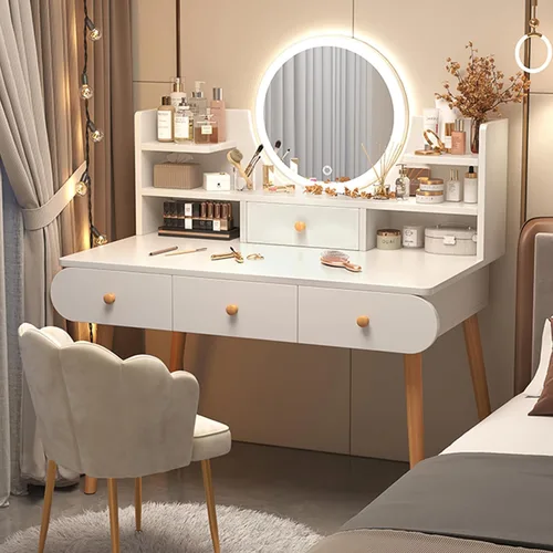 Vista 8 de Mesa de tocador de maquillaje con 3 cajones y 4 estantes, escritorio de tocador con espejo iluminado LED, brillo ajustable de iluminación, mesas