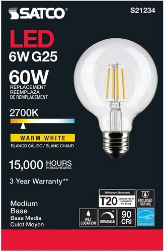 Vista 5 de Satco 6Pk 6w G25 Globo Filamento LED 2700K Base Mediana Regulable - 60W Equiv