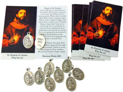 Vista 3 de Westmon Works Medalla de San Francisco para mascotas a granel paquete de diez regalos con tarjetas de oración sagrada, Base Italian metal medals
