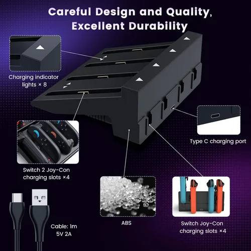 Vista 6 de Cargador de controlador de interruptor para Nintendo Switch 2 y 1 y OLED, base de carga rápida Joycon 8 en 1, estación de carga Joycon