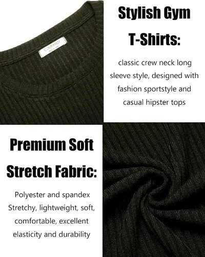 Vista 4 de COOFANDY Paquete de 2 camisetas musculares para hombre, elásticas, de manga larga, para gimnasio, entrenamiento, fisicoculturismo, camisetas