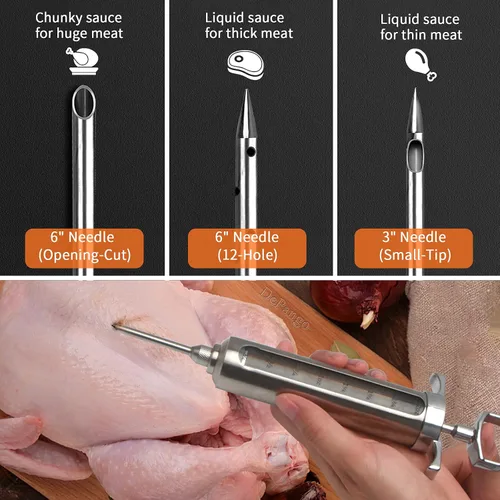 Vista 3 de DePango Inyector de carne, kit de jeringa de sabor de adobo de acero inoxidable con ventana de medición de 2 onzas para ahumadores, parrilla