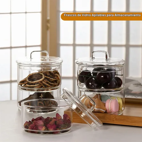 Vista 5 de Tarros de almacenamiento de vidrio con tapas, contenedores apilables de varios niveles, recipientes de alimentos para cocina, dulces, tarros