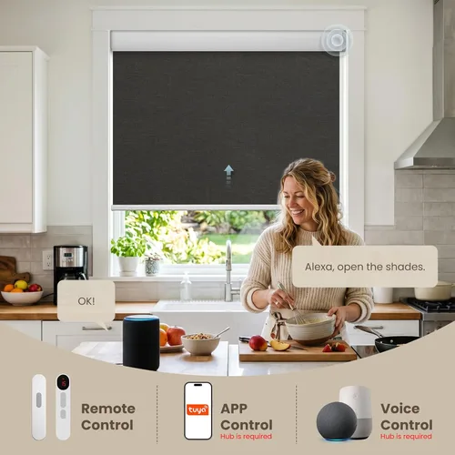 Vista 5 de Persianas automáticas motorizadas de 23 pulgadas de ancho, persianas enrollables inalámbricas con control remoto para dormitorio, sala de estar
