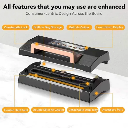 Vista 5 de Sellador al vacío prémium para alimentos, kit de lujo VACAPEX Precision Vacuum Sealer Machine Pro, doble sellado térmico, modos automáticos secos