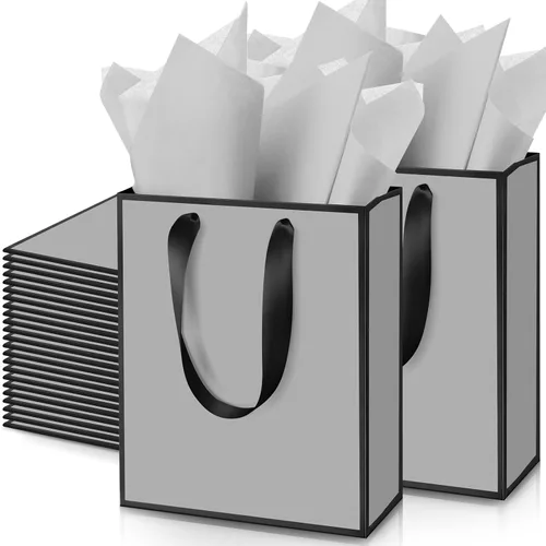 Vista 31 de Yeaqee Paquete de 100 bolsas metálicas de regalo con asa y papel de seda de papel de seda dorado para graduación, boda, padrinos de boda, regalos