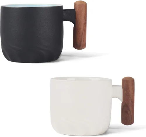 Vista 11 de Zurucily Juego de 2 tazas de espresso de 2 onzas, tazas de espresso de cerámica con asa de madera, tazas de té pequeñas Negro
