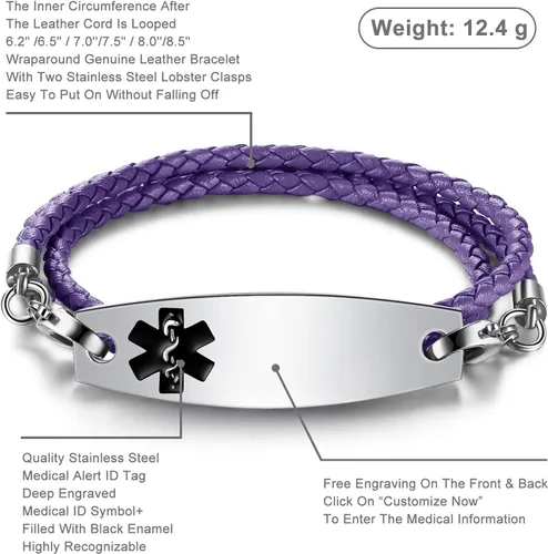 Vista 2 de Pulseras de alerta médica con grabado gratuito para mujeres y hombres con cuerda de cuero Rolo Pulsera de repuesto intercambiable Etiqueta