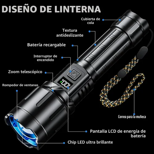 Vista 8 de Linterna recargable KNIBO 99000 altos lúmenes, luz de flash brillante LED Linternas tácticas con pantalla LCD de potencia, 6 modos, impermeable