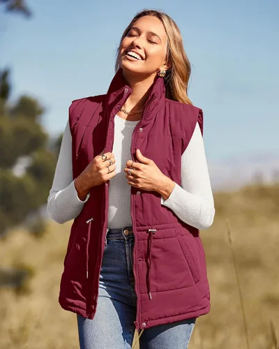 Vista 2 de BTFBM Chaleco casual para mujer, con botones, con cremallera, acolchado, con cordón, sin mangas, con bolsillos