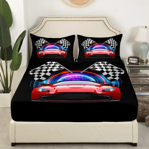 Vista 3 de Erosebridal Red Race Car - Juego de sábanas para niños y adolescentes, tamaño individual, juego de 3 piezas, sábana bajera + sábana encimera + 1