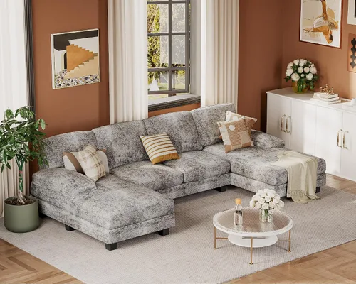 Vista 8 de JUMMICO Sofás Seccionales para Sala de Estar, Sofá en Forma de U con Tela de Chenilla, Sofá Moderno de 4 Asientos con Almohadas Removibles para Gris