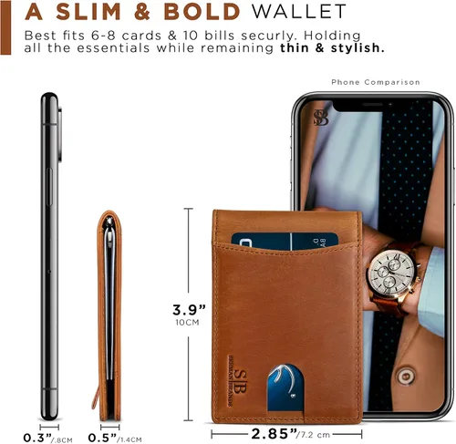 Vista 6 de SERMAN BRANDS RFID Blocking Slim Bifold Genuine Leather Minimalist Front Pocket Wallets for Men with Money Clip Thin Mens