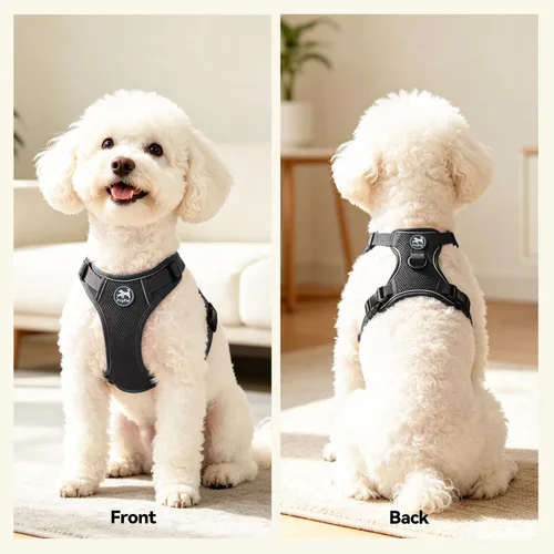 Vista 7 de PoyPet - Arnés para perro reflectante de malla suave y transpirable, chaleco doble acolchado sin estrangulamiento, ajustable (negro, XS)