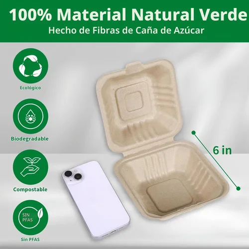 Vista 2 de Aricsen Paquete de 50 Cajas de Almuerzo Cuadradas Pequeñas Desechables Compostables de 6 x 6 Pulgadas, Recipientes para Llevar con Tapa, Concha Tipo