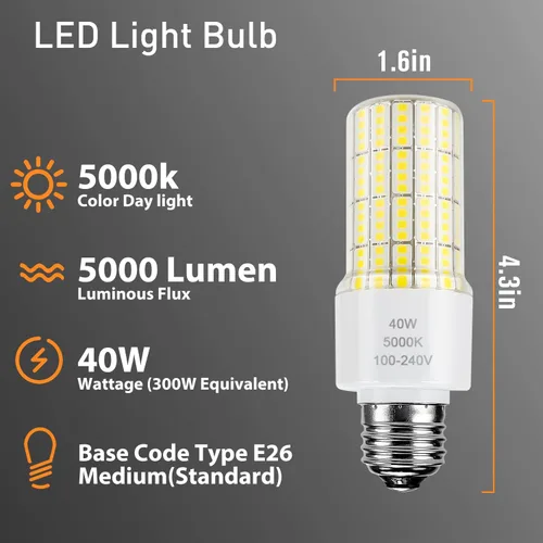 Vista 2 de ZP Paquete de 2 bombillas LED A19 300 W equivalentes a 40 W, 5000 lúmenes, 5000 K, luz blanca fría, base E26/E27, iluminación impermeable