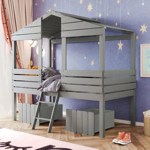 Vista 15 de Quarte Fun House - Cama con techo y dos ventanas laterales, cama baja de madera tamaño individual con escaleras pequeñas y barandilla, para niños