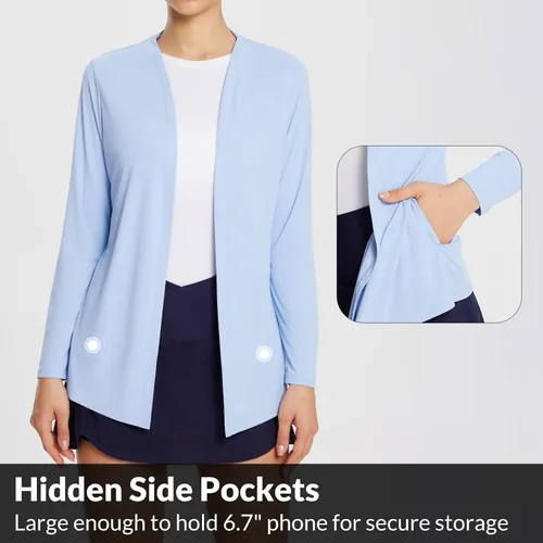 Vista 3 de BALEAF Cárdigan ligero UPF 50+ para mujer con bolsillos, manga larga, protección UV, ropa de secado rápido