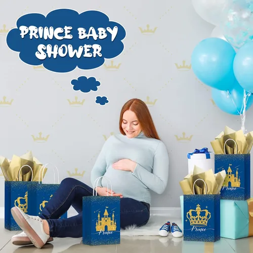 Vista 6 de Nezyo 16 bolsas de recuerdo de fiesta de princesa príncipe con asas y papel de seda, bolsas de regalo para cumpleaños, baby shower, regalos