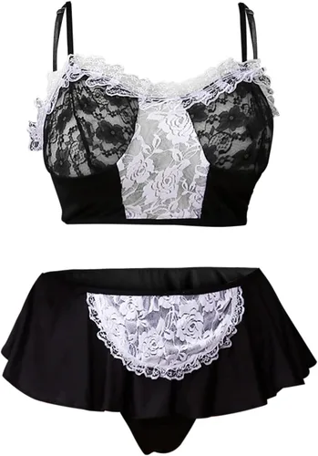 Vista 5 de Vestido sexy de criada de tres puntos con corte de encaje para mujer, uniforme de sirvienta, sexy minifalda transparente