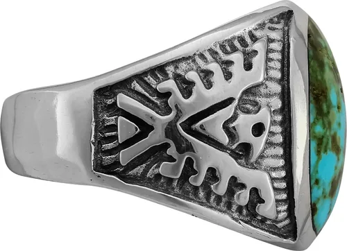 Vista 3 de Size 12-925 Sterling Silver Oval Sierra Nevada Turquoise Cabochon Ring, Southwestern Thunderbird Design, Statement High Polish Gemstone Band