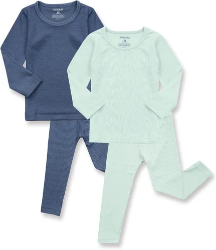 Vista 26 de AVAUMA Conjunto de pijama para bebés, niños y niñas, ajuste ceñido, con nervaduras, ropa de dormir para el estilo de vida diario Negro/Azul