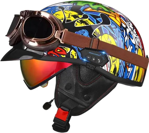 Vista 10 de Casco de cara abierta con Bluetooth para hombres y mujeres, casco retro de estilo alemán con diseño de calavera, visera con gafas, casco de media