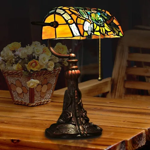 Vista 4 de Tiffany - Lámpara de mesa con vitrales para sala de estar, lámpara de piano con libélula lateral, pequeña de 15.5 pulgadas de alto, lámpara