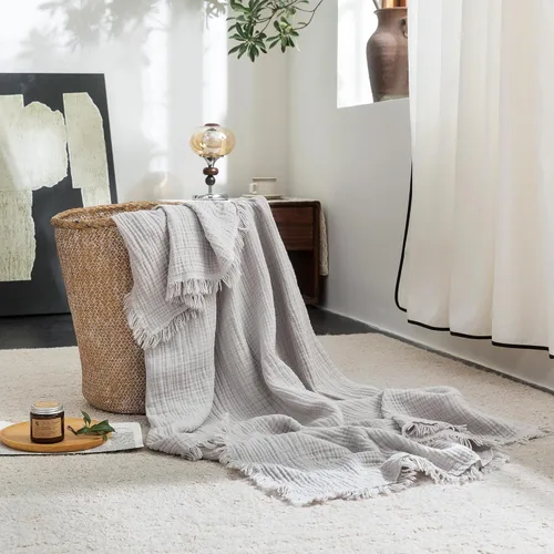 Vista 68 de FOSSA Manta de Muselina con Flecos - Gasa de Algodón 100% de 4 Capas Súper Suave y Transpirable - Manta Decorativa Ligera y Refrescante para Cama