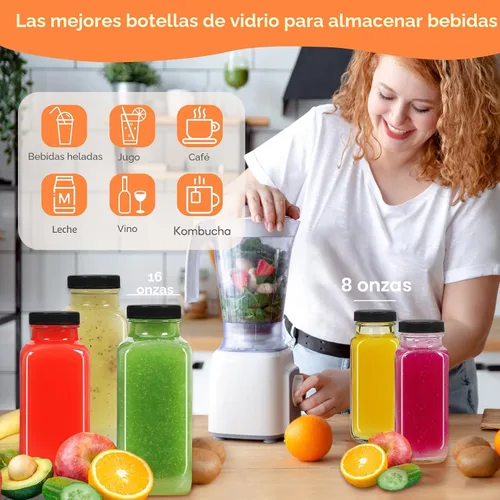Vista 4 de STARSIDE - Botellas de vidrio para jugo de 8 onzas con tapas, paquete de 12 - Frascos reutilizables cuadrados para exprimir, leche, kombucha
