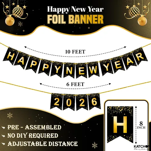 Vista 2 de KatchOn, Pancarta de Feliz Año Nuevo – Grande 10 pies, pre-ensartado Cartel de Año Nuevo para decoraciones de Año Nuevo 2026 Guirnalda de Año