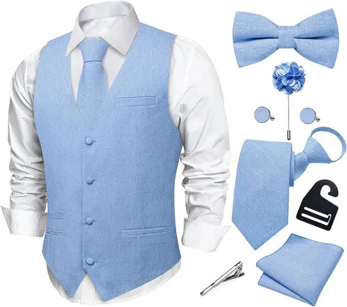 Vista 7 de DiBanGu Conjunto de corbata con cremallera y chaleco de lino para hombre Negro